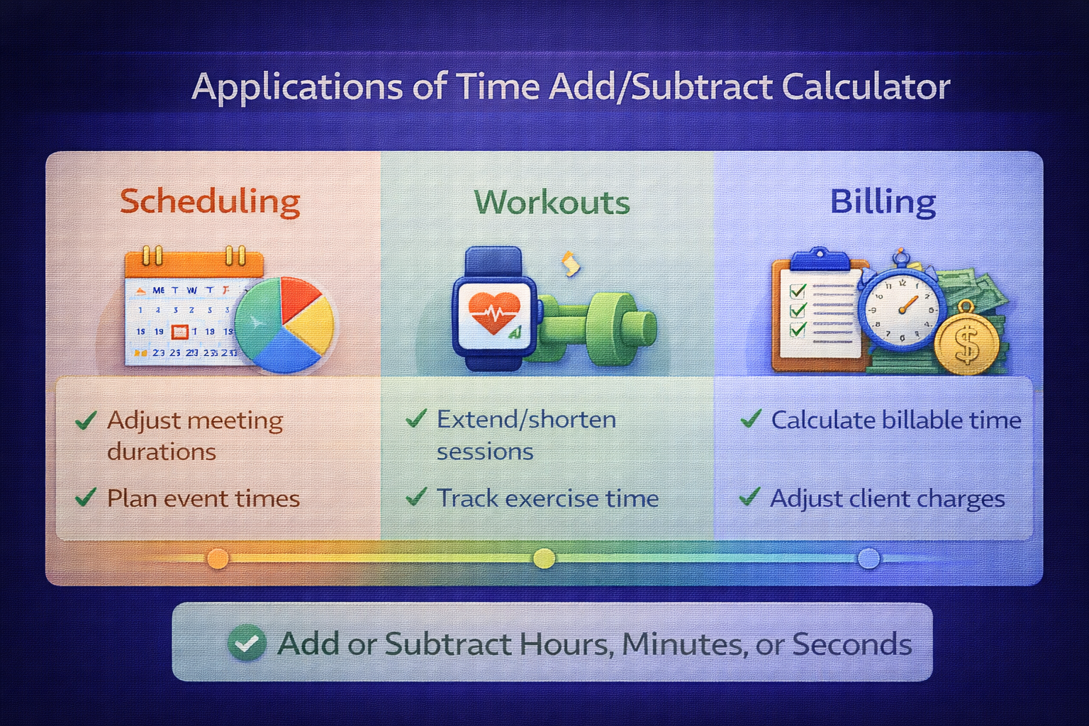 Clock illustration adding subtracting time hours minutes seconds for new result